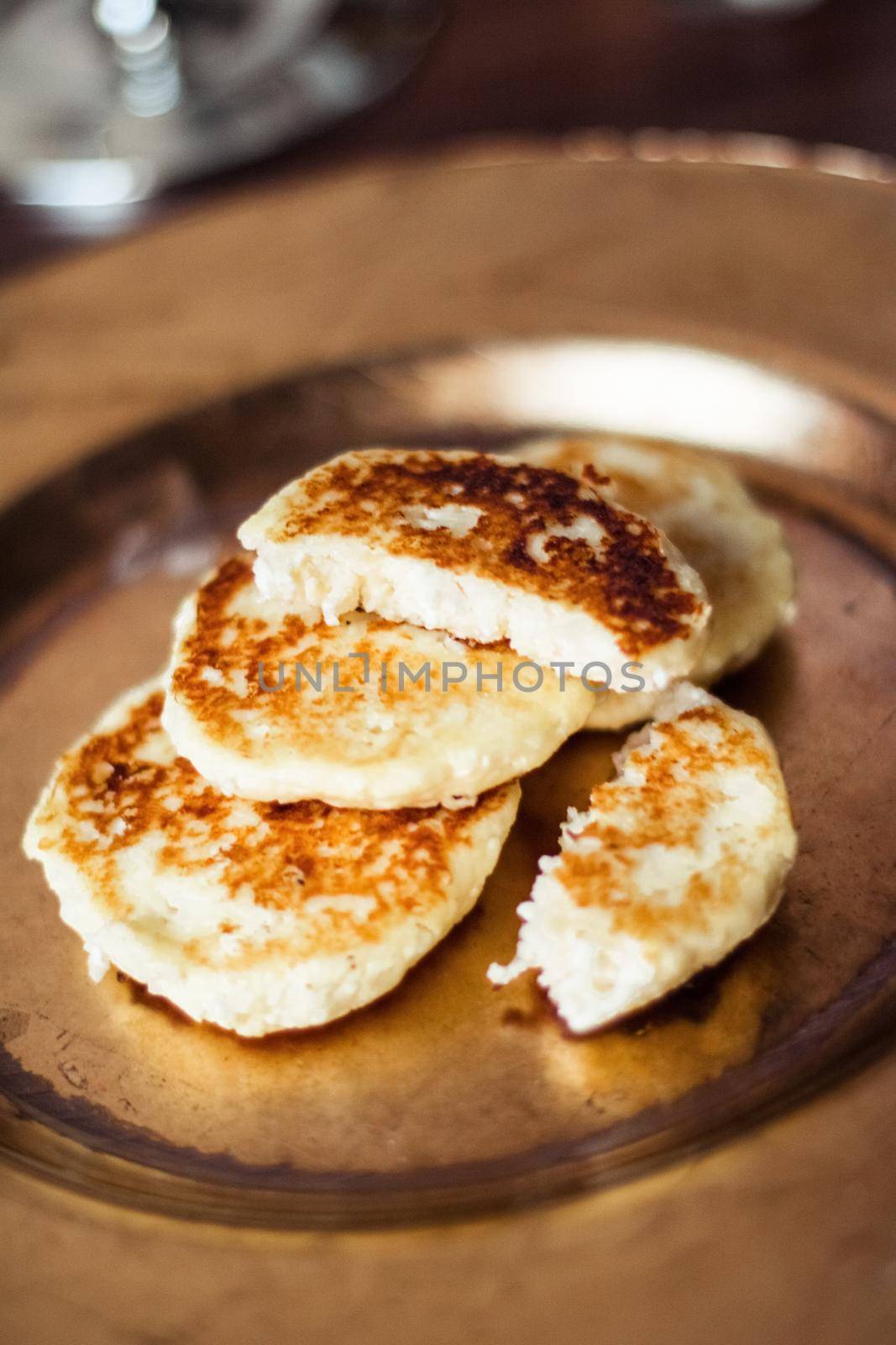 Lactose free, low carb cottage cheese pancakes, cookbook recipe - healthy nutrition, rustic and traditional food concept. Your favourite homemade breakfast is served