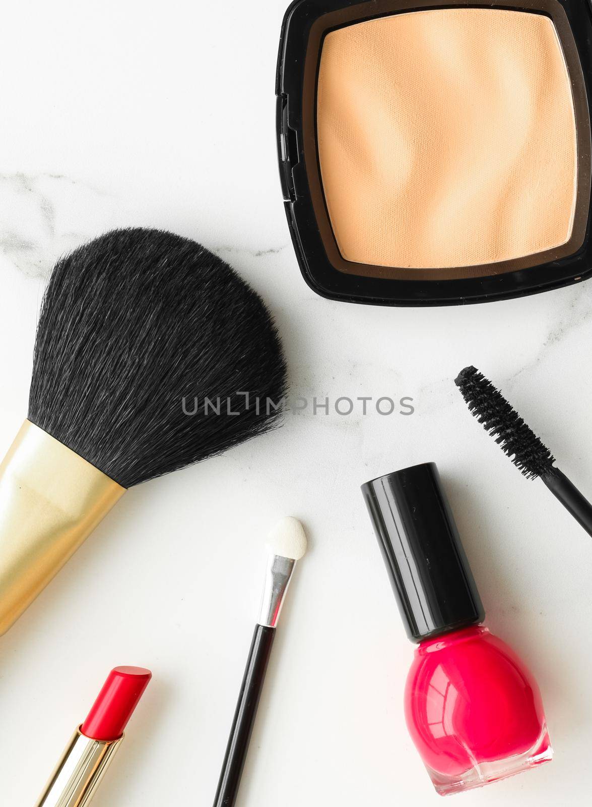 Make-up and cosmetics on marble, flatlay - modern feminine lifestyle, vlog background and styled stock concept. Beauty inspiration in a fashion blog