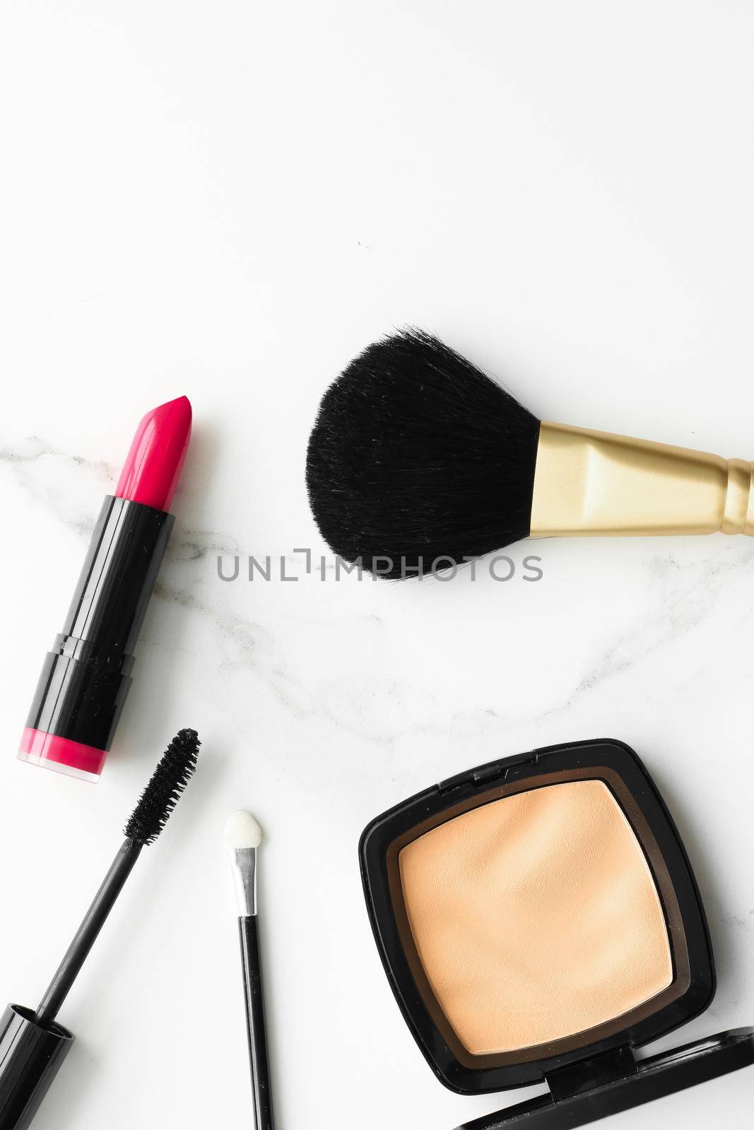 Make-up and cosmetics on marble, flatlay - modern feminine lifestyle, vlog background and styled stock concept. Beauty inspiration in a fashion blog