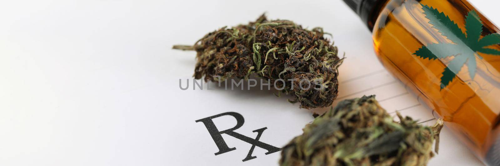 Dry marijuana leaves and cannabis oil jar lying on medical prescription closeup by kuprevich