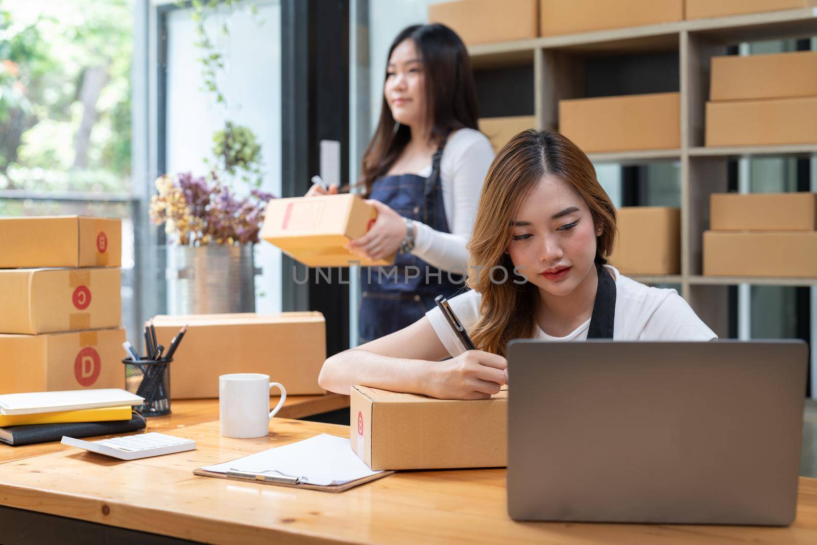 startup small business owner working at workplace. freelance women seller check product order for delivery. Online selling, e-commerce, shipping concept by nateemee