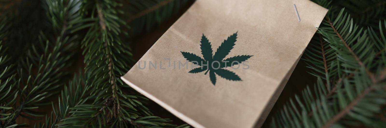 Paper bag with marijuana lying among green christmas tree branches closeup by kuprevich