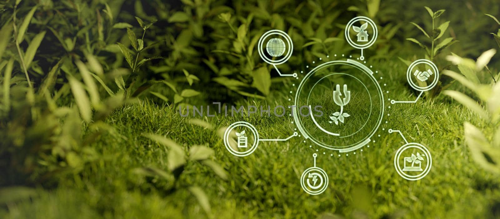 ESG icon concept in the hand for environmental, social, and governance in sustainable and ethical business on the Network connection on a green background 3D Illustration