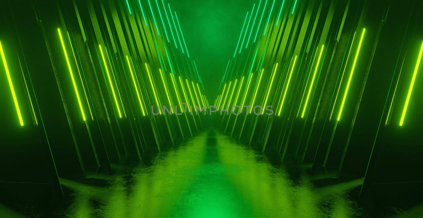 Green Alien Room Futuristic Background Underground Hall Corridor Tunnel Led Lights Laser 3D Illustration