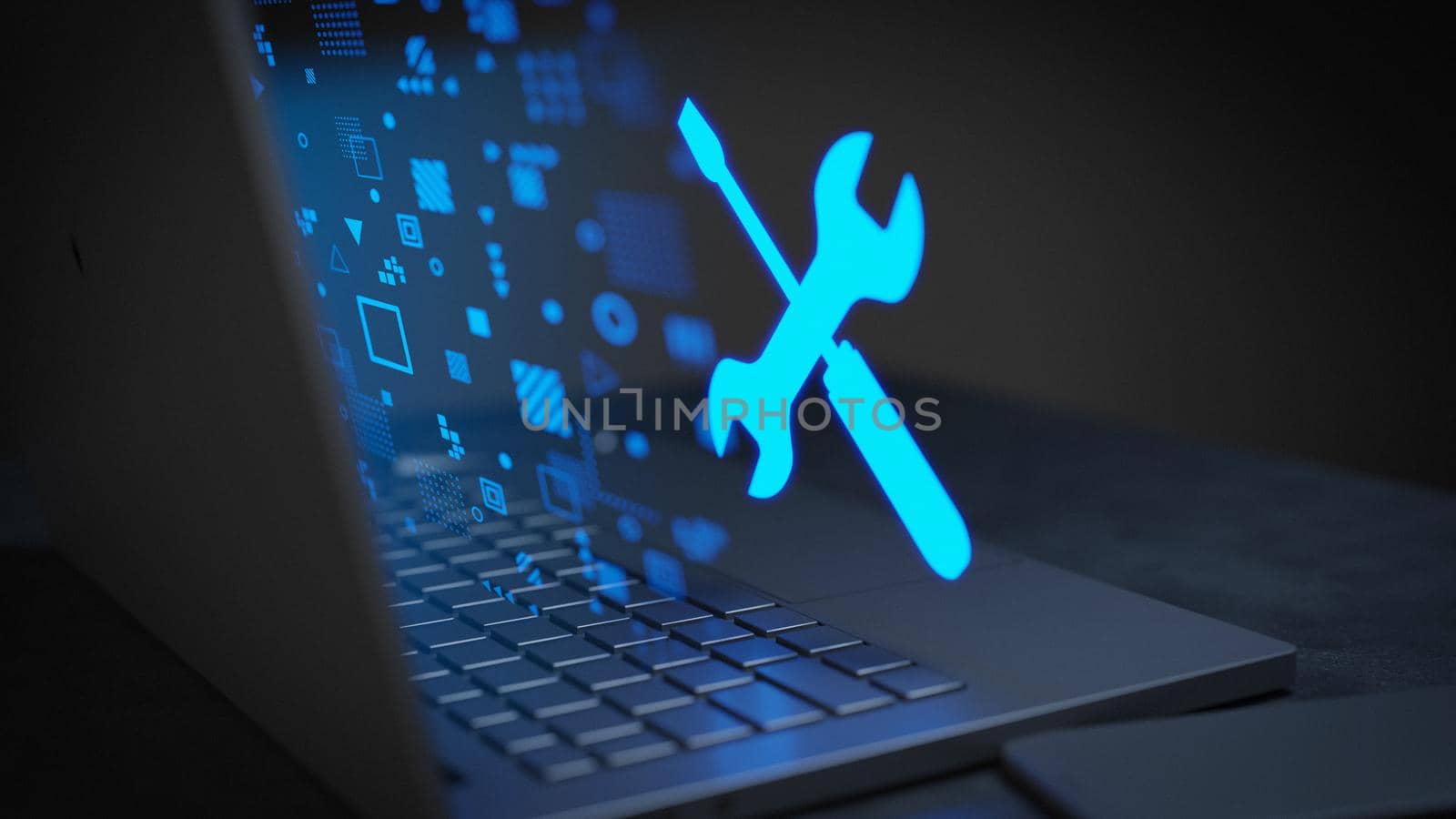 Settings icon glowing concept in a dark laptop with hologram 3D Render