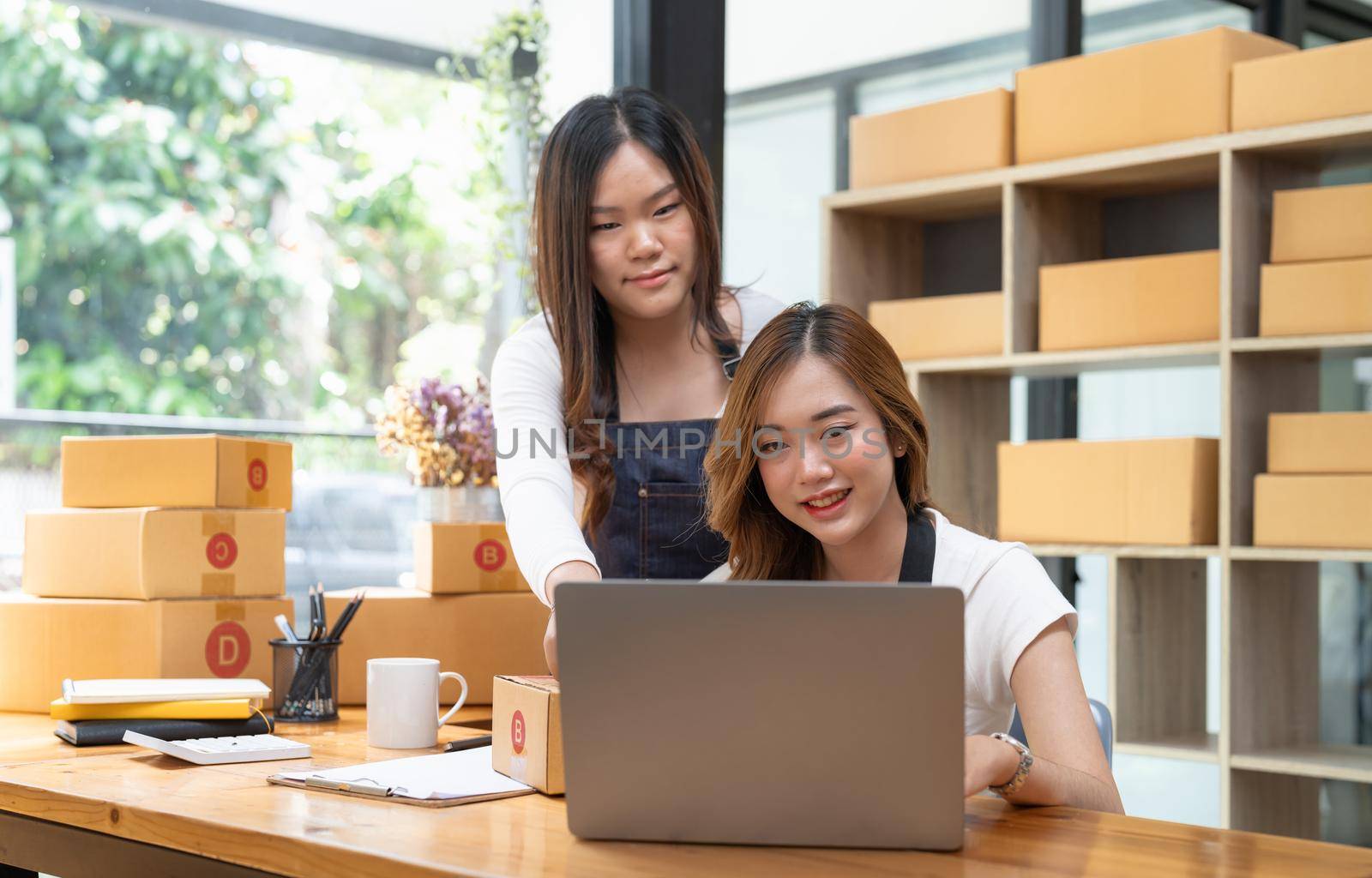 startup small business owner working at workplace. freelance women seller check product order for delivery. Online selling, e-commerce, shipping concept.