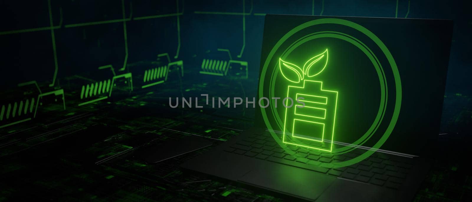 Eco energy battery leaf concept banner background copyspace 3D Render