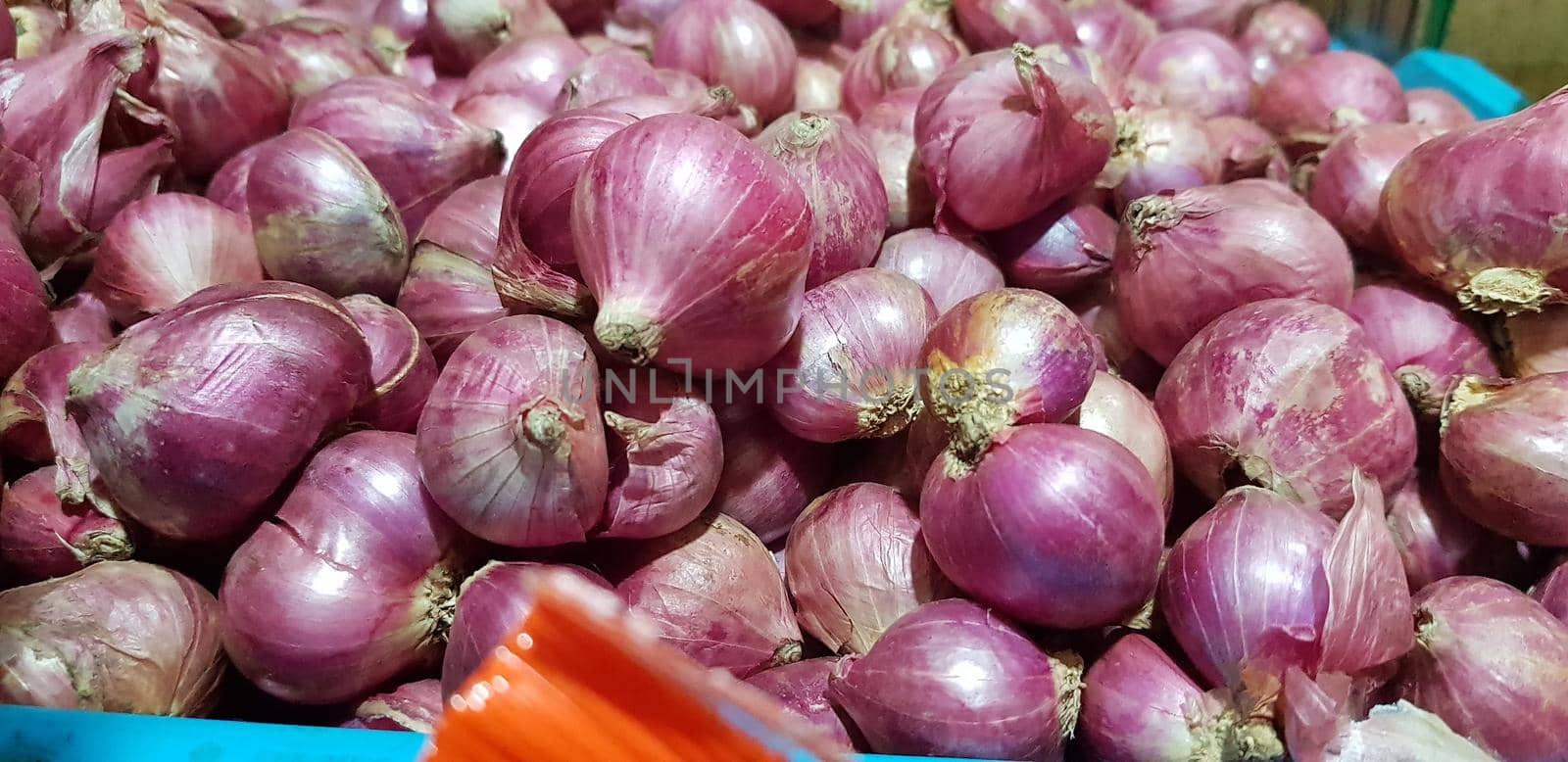 Group of Shallots onion Fresh purple shallots or Allium cepa, close up picture in the market