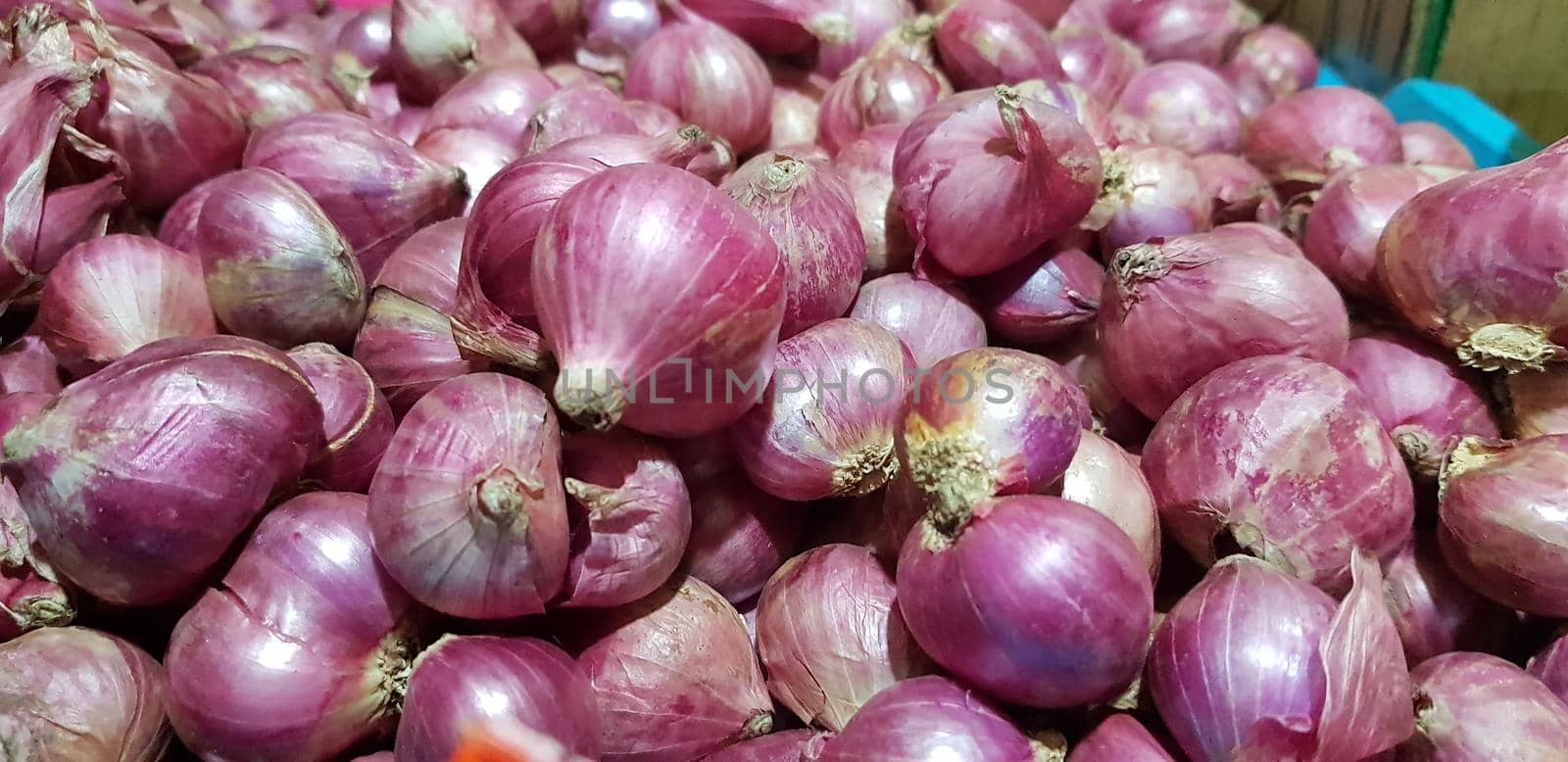 Group of Shallots onion Fresh purple shallots or Allium cepa, close up picture in the market