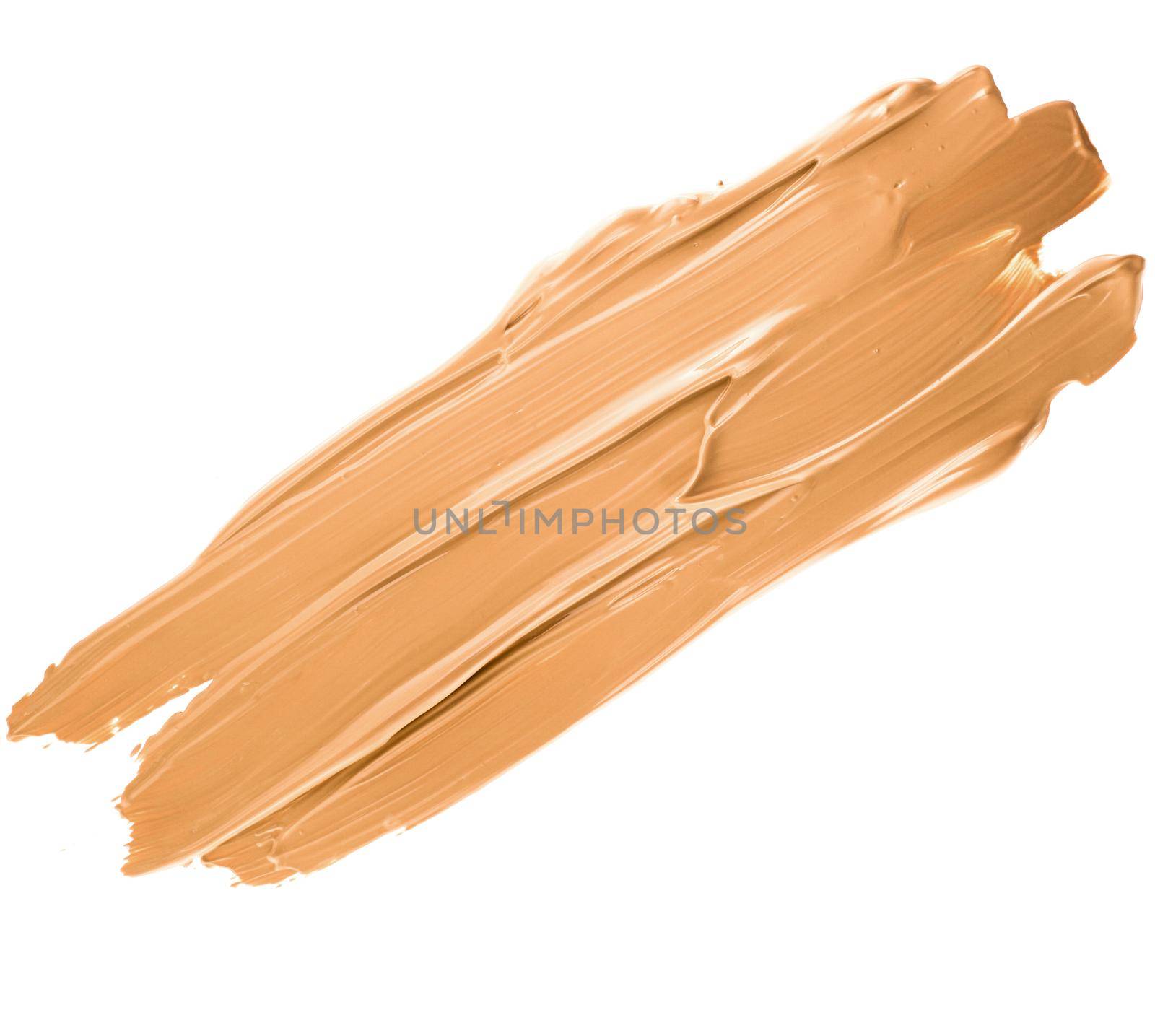 Make-up base foundation brush stroke isolated on white background, flatlay - cosmetic products, beauty texture background concept. Beige is always a good idea