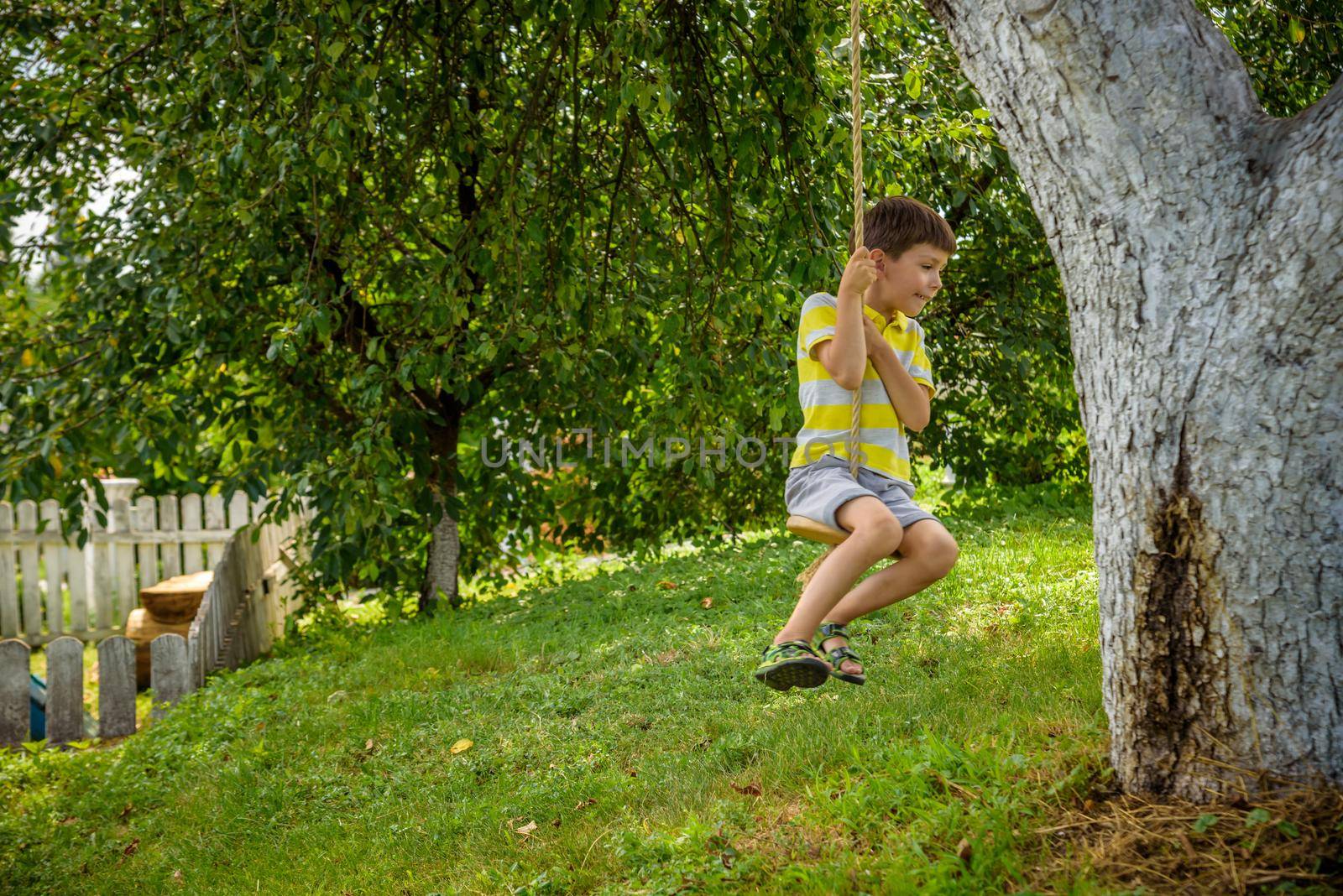 Happy little boy is having fun on a rope swing which he has found while having rest outside city. Active leisure time with children by Kobysh
