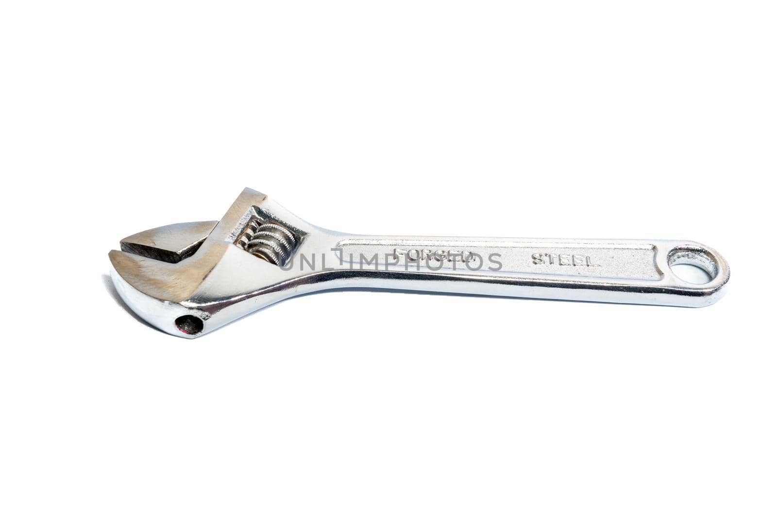 Adjustable wrench isolated in white background. Steel adjustable wrench, equipment, and tool of a worker. Isolation with clipping path.