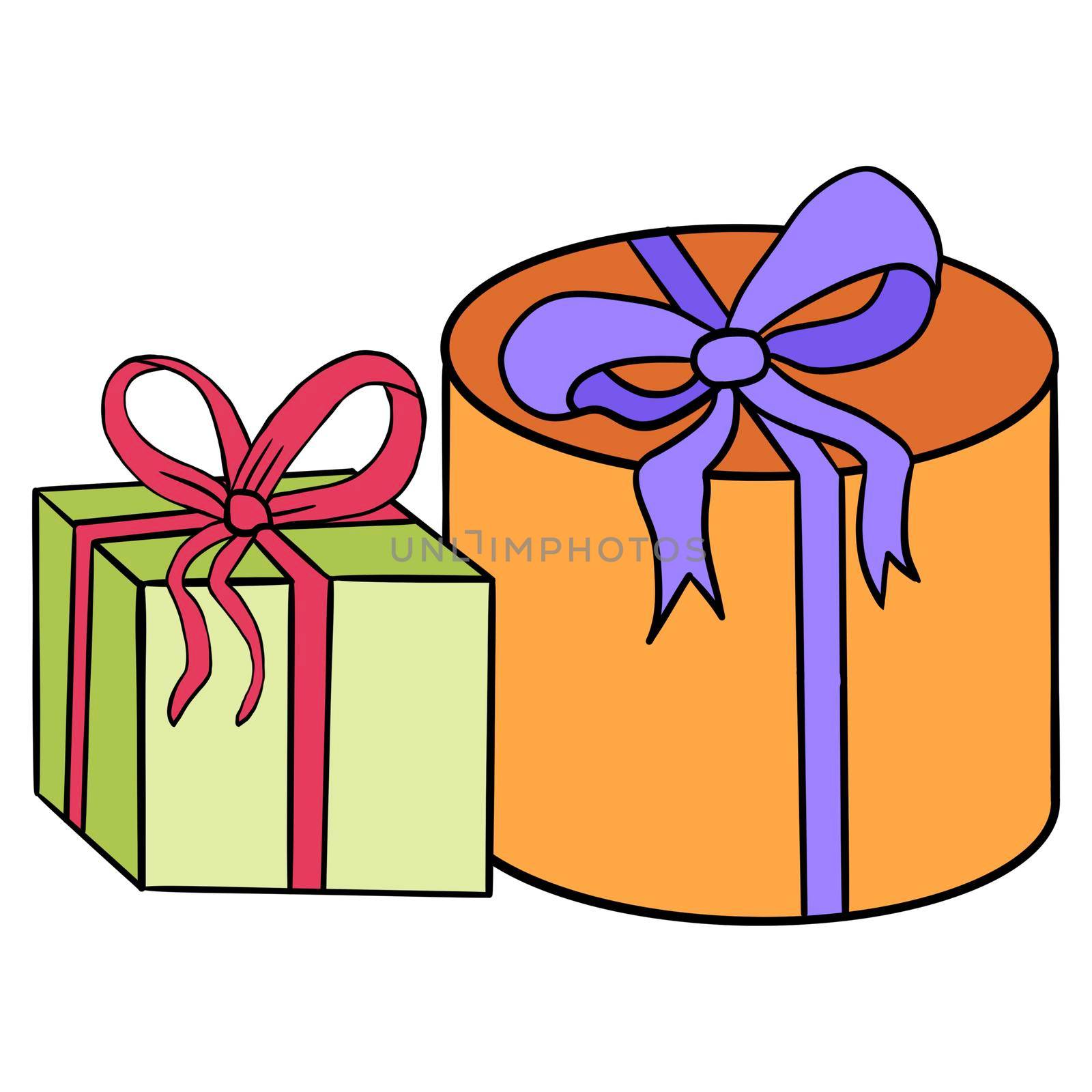 Hand drawn illustration of present gift box for christmas, brithday, valentine day holidays. Sale packages with bown ribbon, festive greeting event celebration shopping. by Lagmar