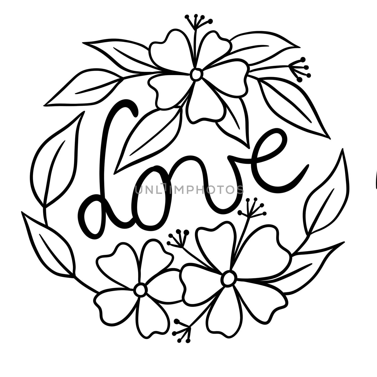 Round circle illustration with flowers love word. Floral black line outline design for st valentine day cards with leaf leaves blooming daisy, simple minimalist print