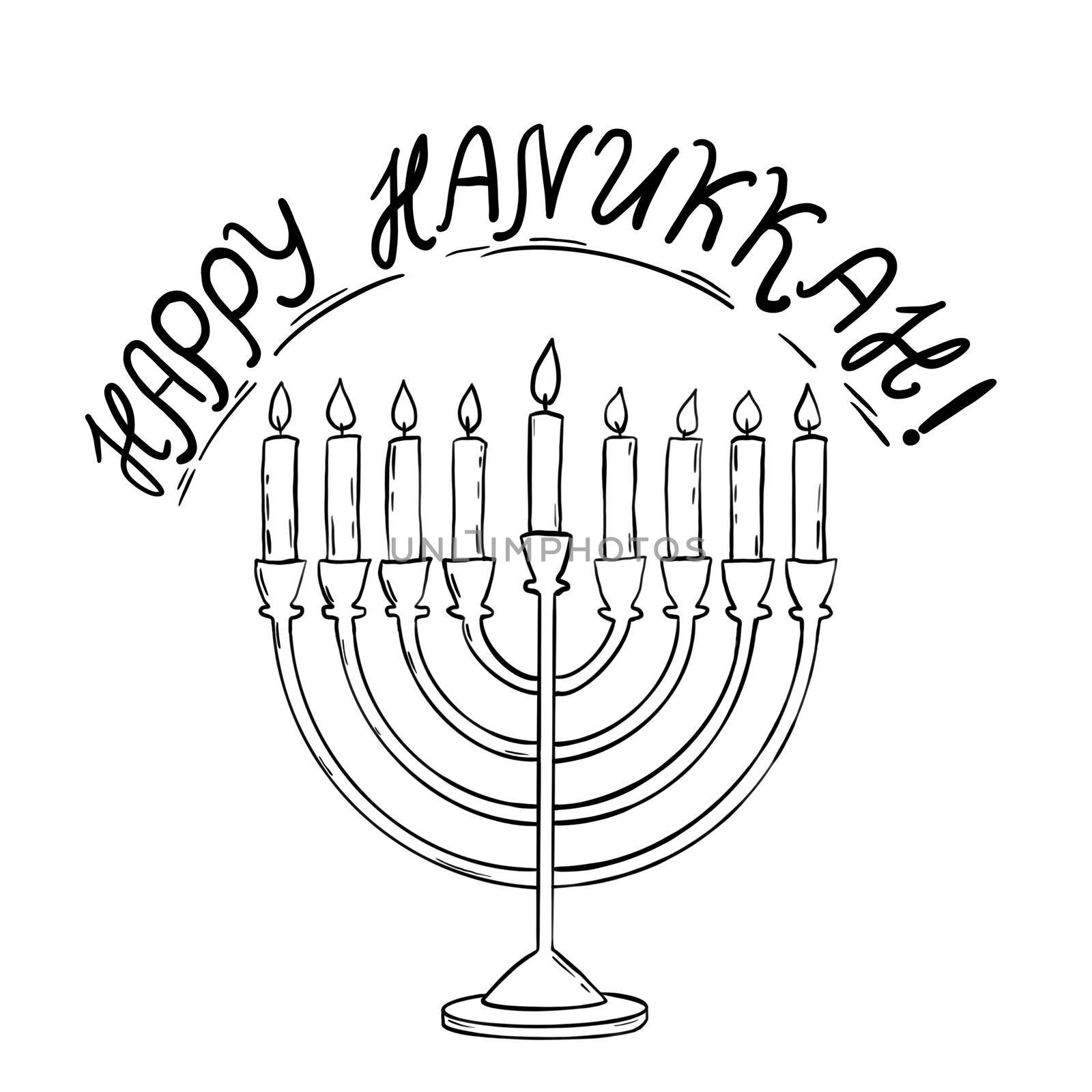 Hand drawn illustration of hannukah menorah with happy hannukah greeting . Burning candles simple minimalist outline, judaism jew israeli design, religious religion hebrew print. by Lagmar