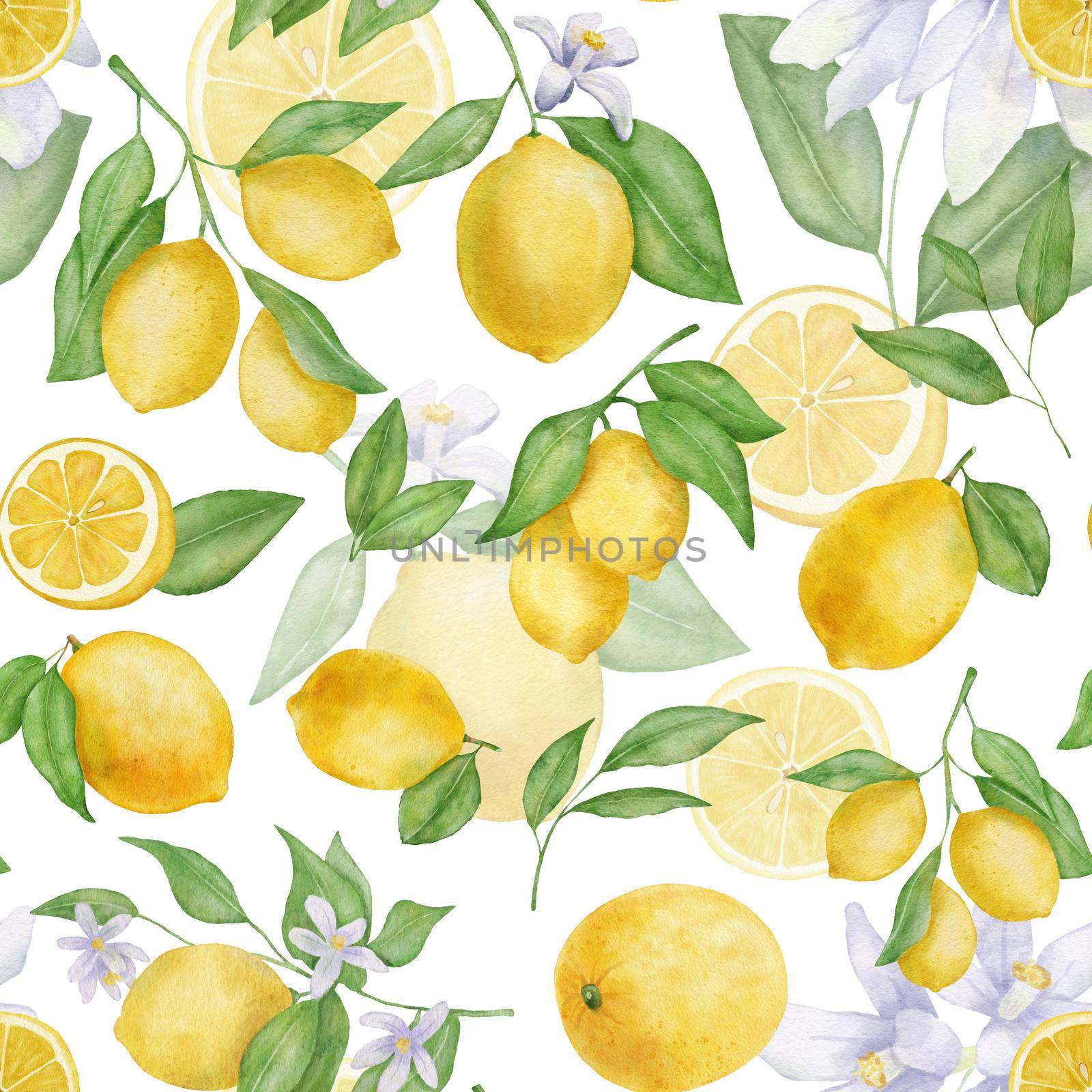 Lemon fruits with leaves and flower watercolor seamless pattern. by ElenaPlatova