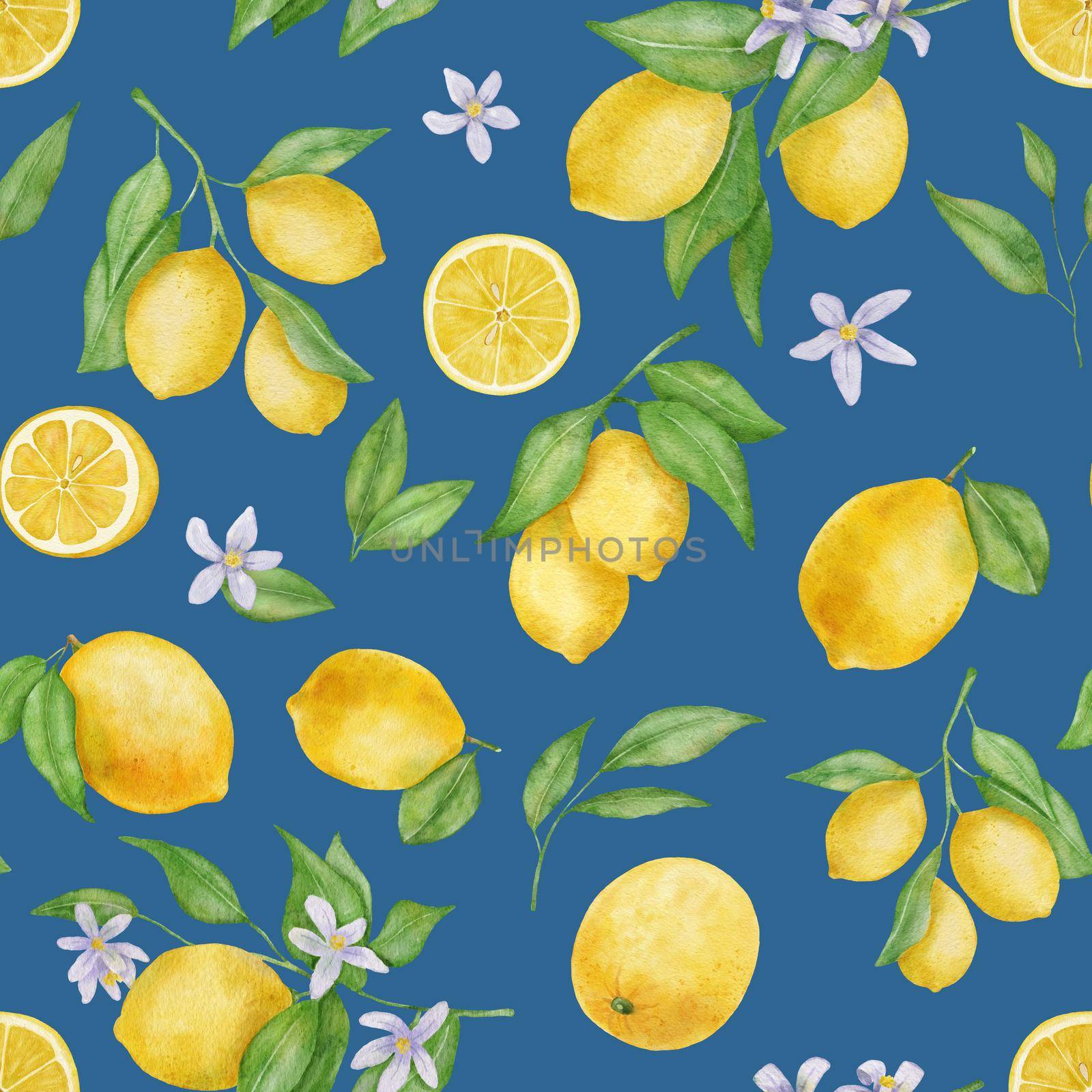 Lemon fruits with leaves and flower watercolor seamless pattern on blue background