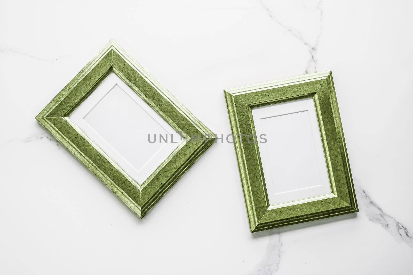 Modern feminine, artwork mock up, luxury design concept. Decorate with chic and style - Green photo frame on marble, flatlay