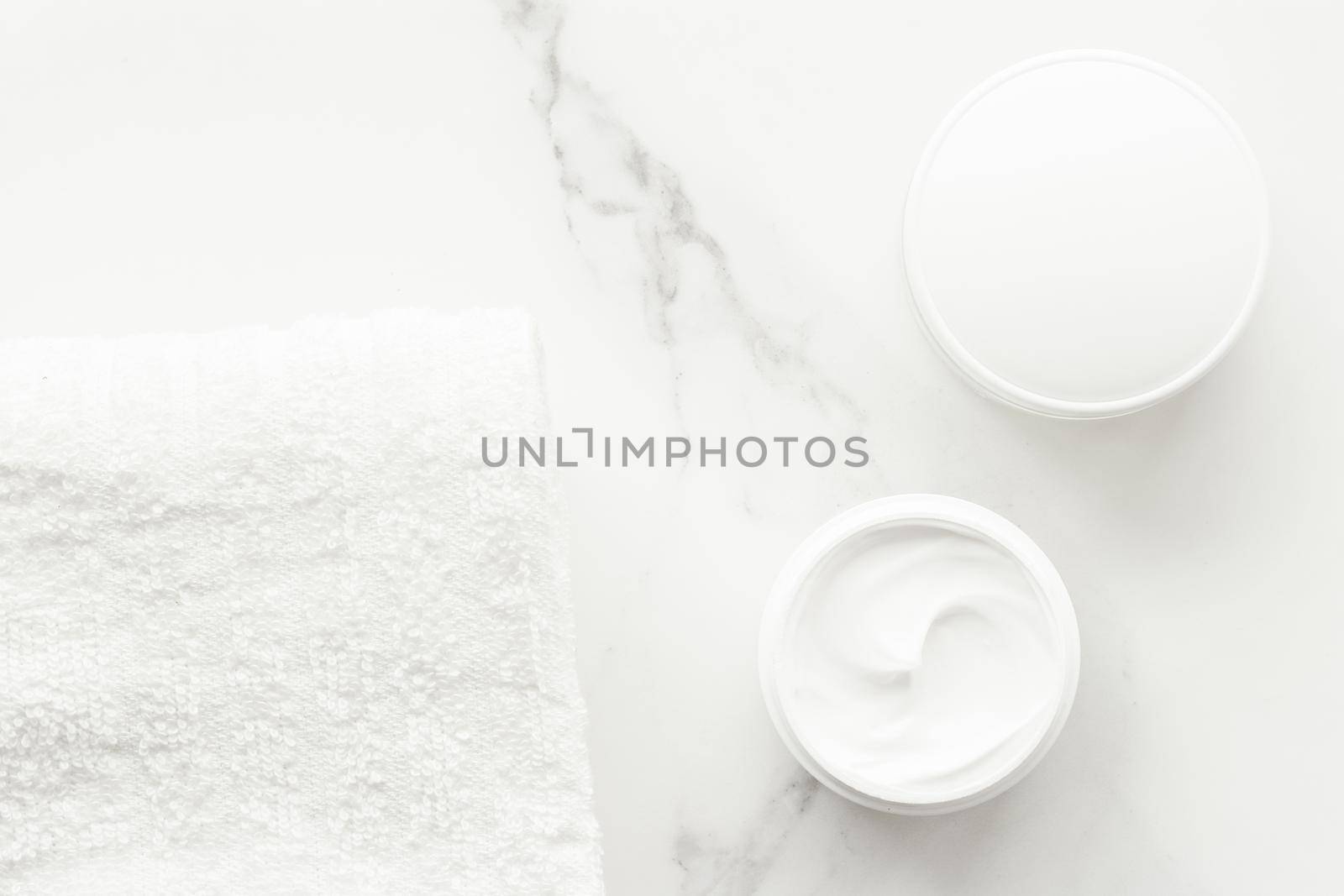 All-natural emulsion cream on marble, flatlay - skincare and body care, luxury spa and clean cosmetic concept. Time for organic beauty treatment