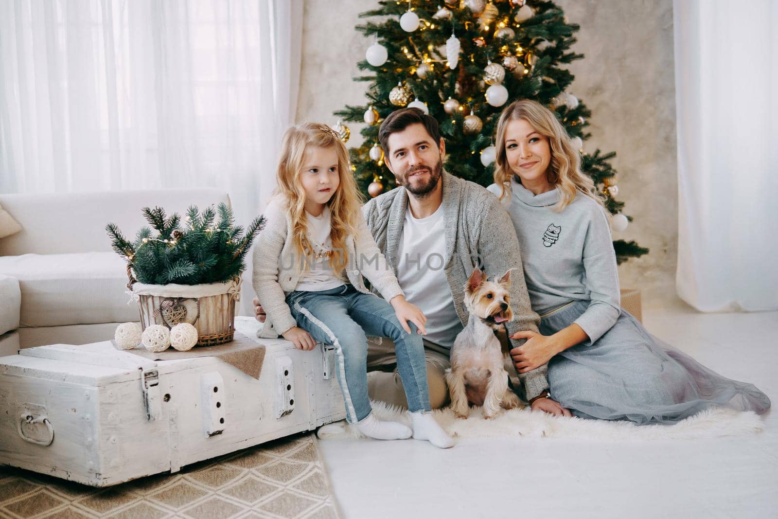 Happy family: mom, dad and pet. Family in a bright New Year's interior with a Christmas tree.