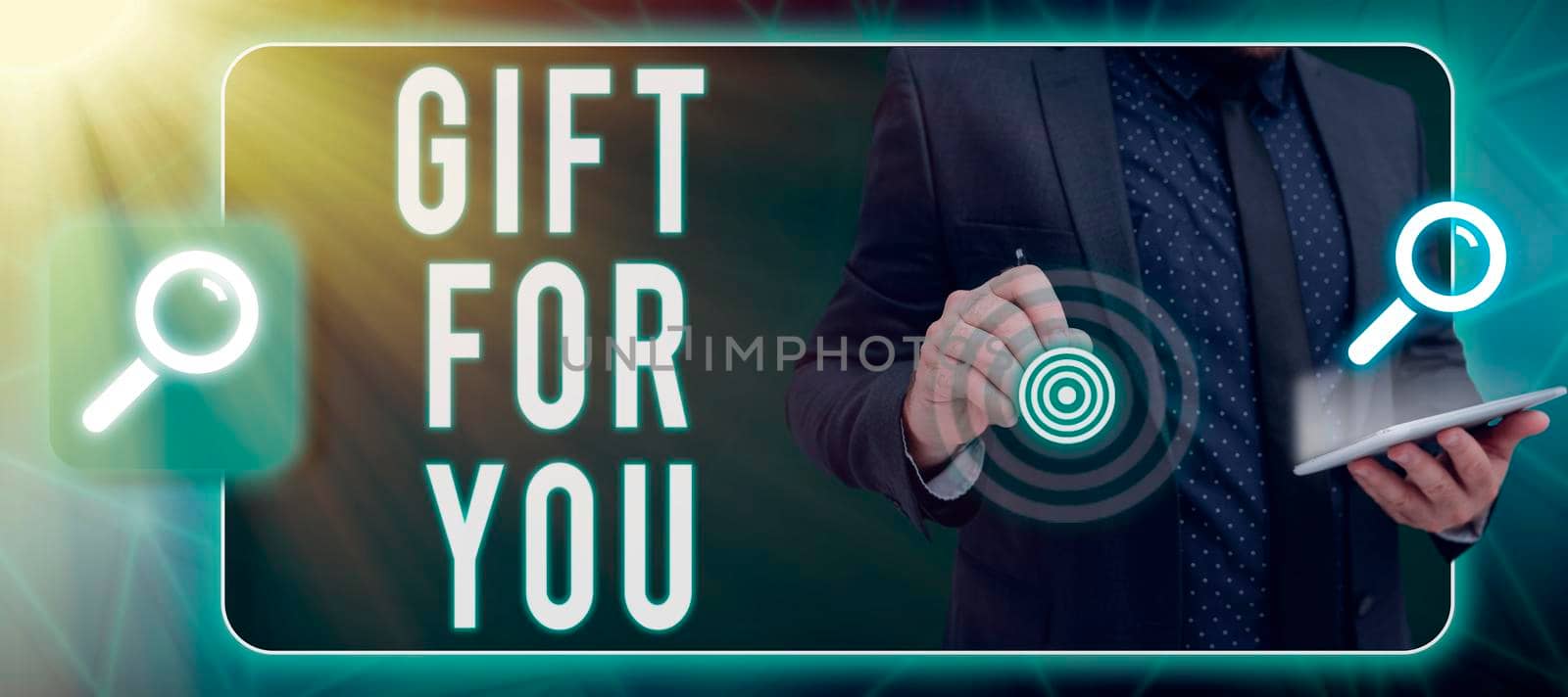 Conceptual display Gift For You, Business overview To receive a present surprise special occasion appreciation Man With Futuristic Frame Presenting New Ideas For Global Communication.