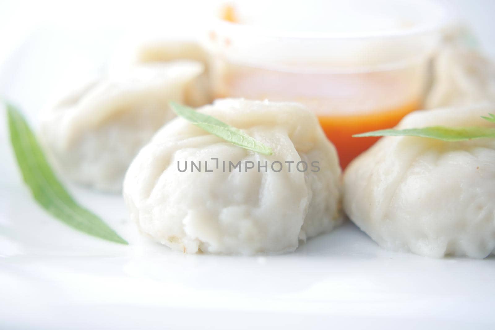 close up of chicken momo dumpling on a plate .