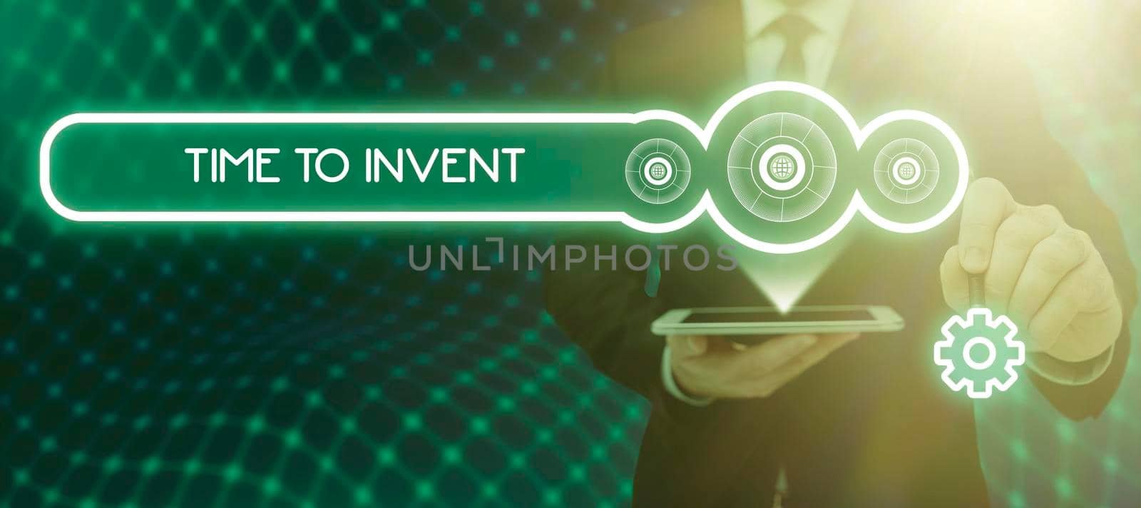 Sign displaying Time To Invent, Word for Invention of something new different innovation creativity Man Having Magnifying Glass To Point Important Informations.