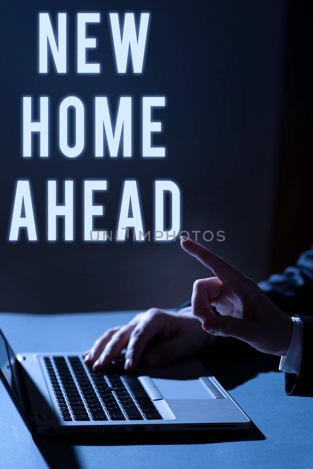 Conceptual caption New Home Ahead, Business idea Buying an own house apartment Real estate business Relocation Lady in suit holding pen symbolizing successful teamwork accomplishments.