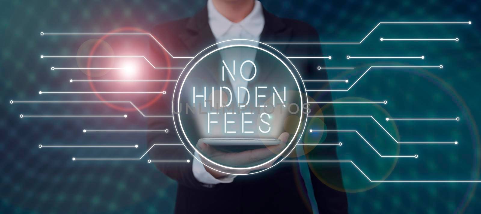 Sign displaying No Hidden Fees. Business concept Tagged price is the one that you pay not additional payments Man pointing finger holding trophy cheering reaching project success. by nialowwa