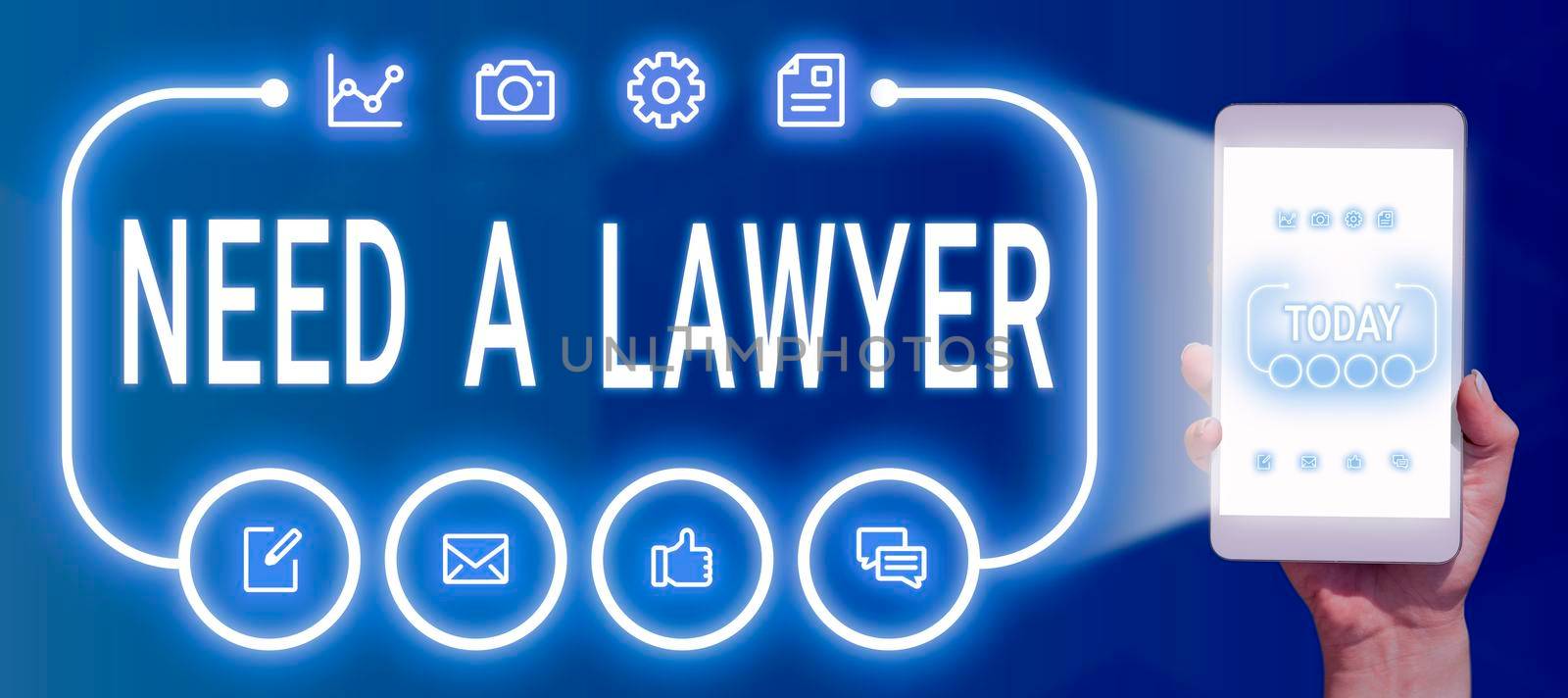 Text showing inspiration Need A Lawyer. Business concept Offering of legal advice Attorney consultancy advice Man Holding A Tablet Projecting A Camera Showing Creative Photography. by nialowwa