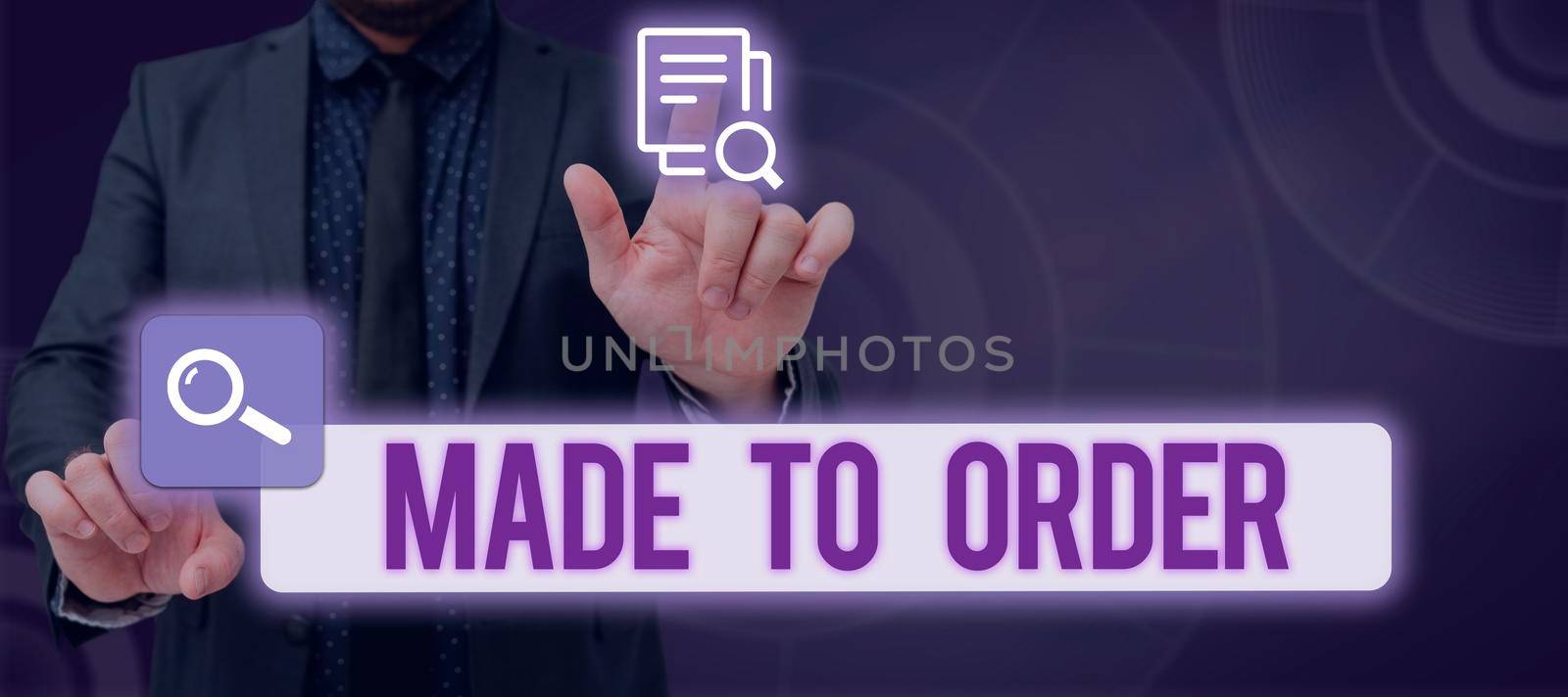 Conceptual display Made To Order. Business overview Something done specially for someone Tailored authentic Businessman With Two Hands Searching For Important Data And New Ideas. by nialowwa