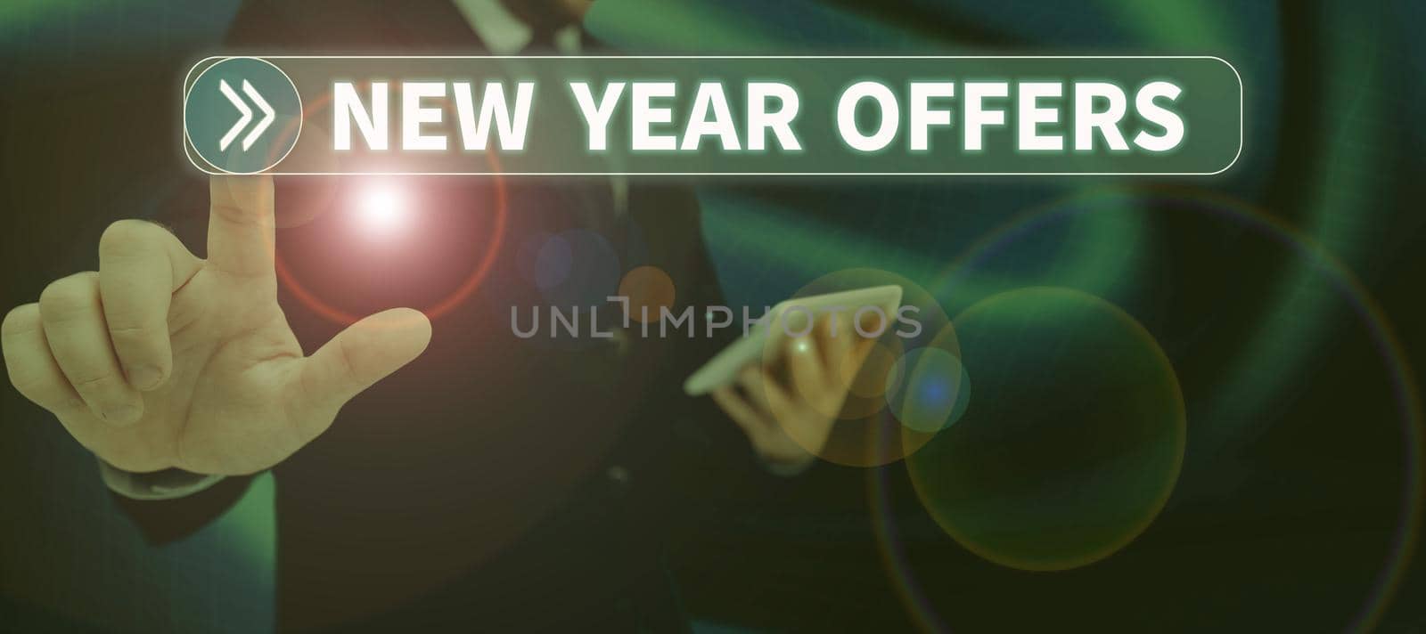 Text sign showing New Year Offers, Concept meaning Final holiday season discounts price reductions sales Businessman in suit holding notepad symbolizing successful teamwork.