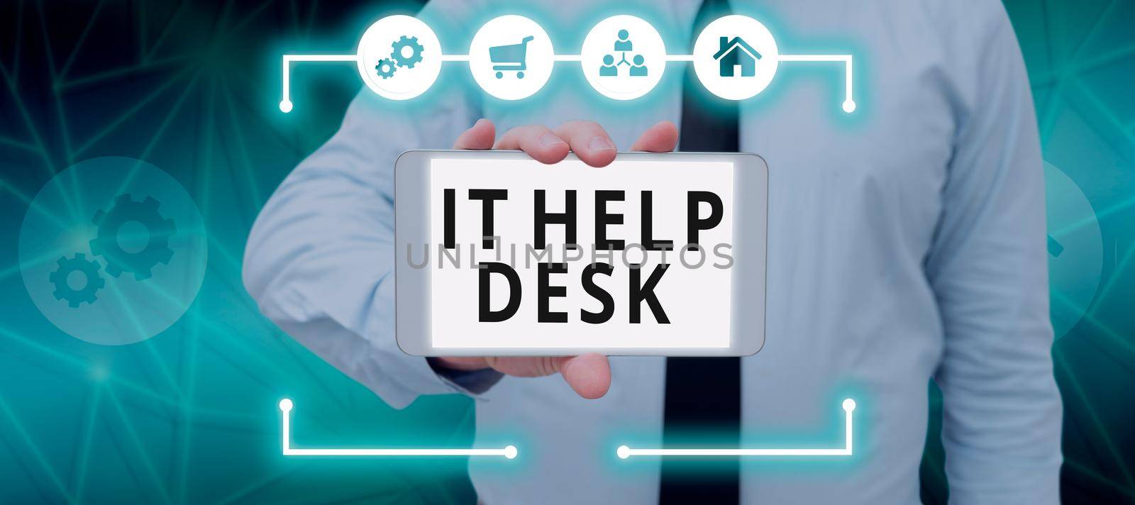 Inspiration showing sign It Help Desk. Business overview Online support assistance helping showing with technology by nialowwa