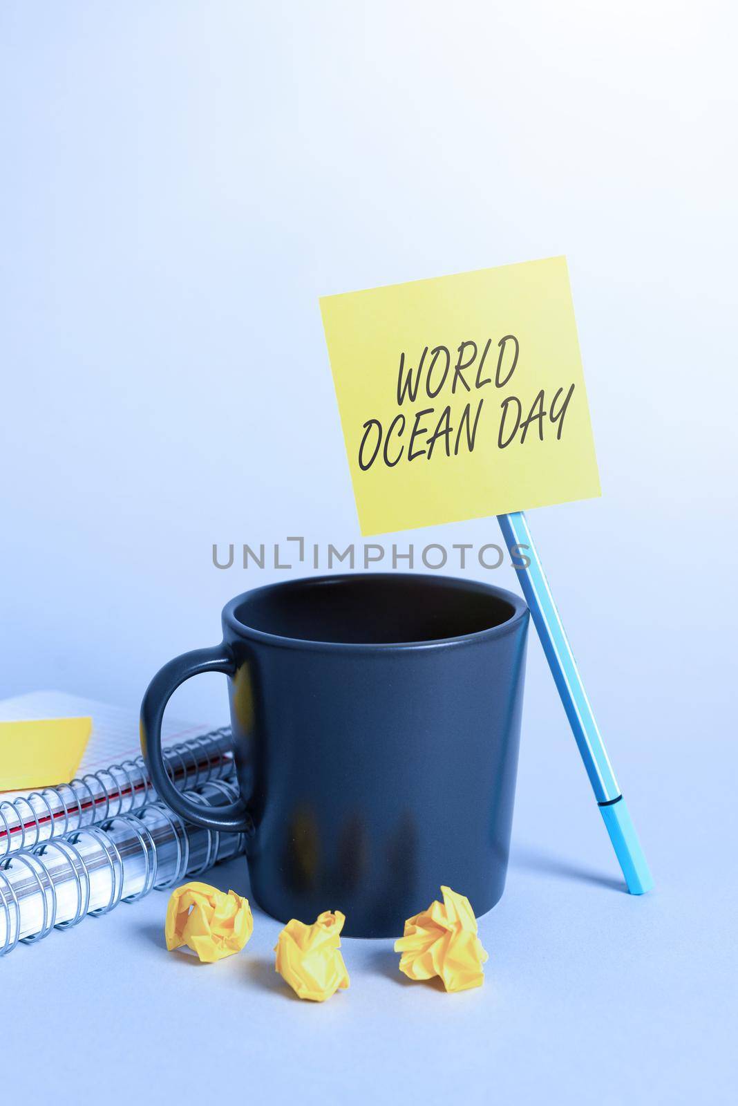 Handwriting text World Ocean Day, Business idea Worldwide celebration for big bodies of salt water Business Team Standing On Staircase To Success With Trophy And Money Bag.