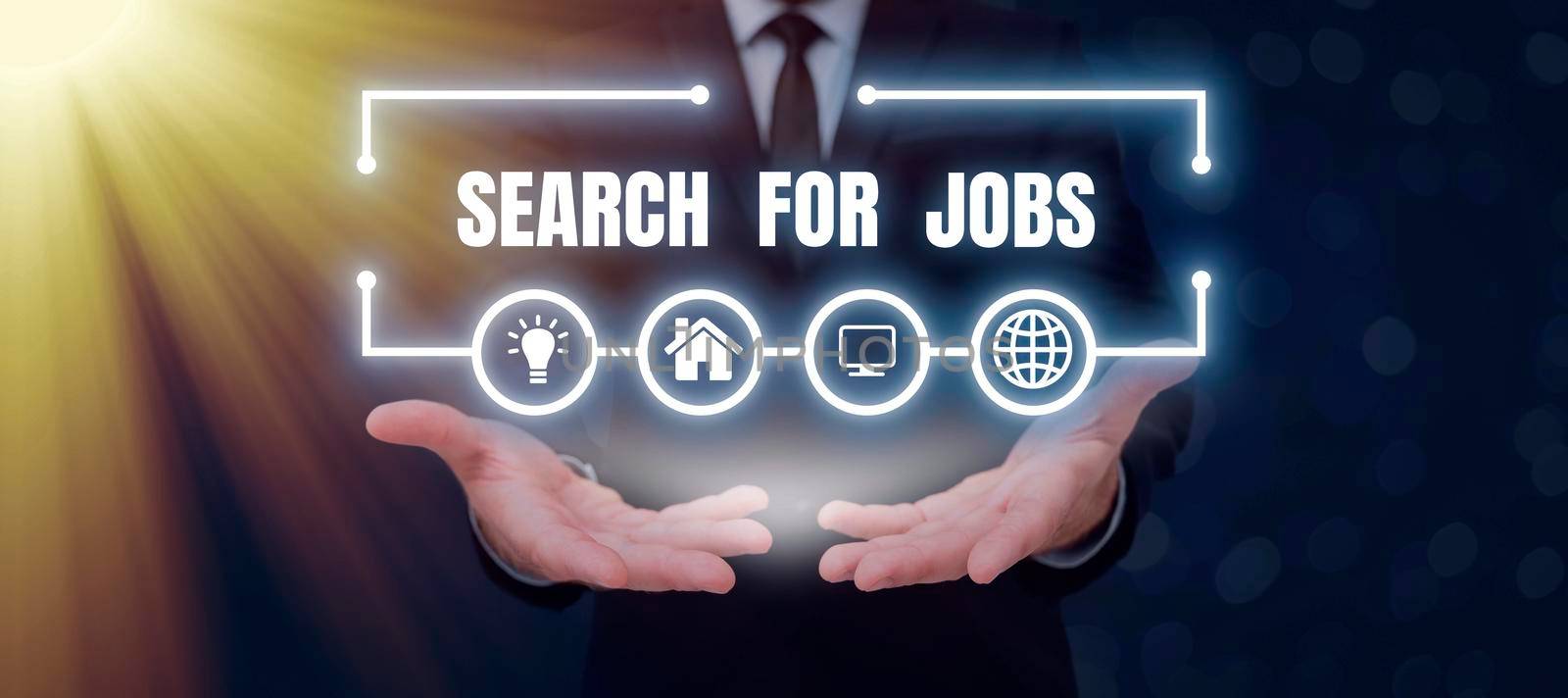 Conceptual display Search For Jobs. Business showcase Unemployed looking for new opportunities Headhunting Man Holding A Pen And Tablet Showing Important Messages And New Ideas. by nialowwa