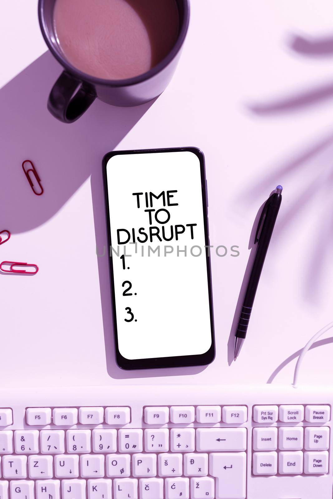 Text showing inspiration Time To Disrupt. Business approach Moment of disruption innovation required right now Lap Top, Pencils, Calculator, Paperclips And Sticky Notes Placed On Desk. by nialowwa