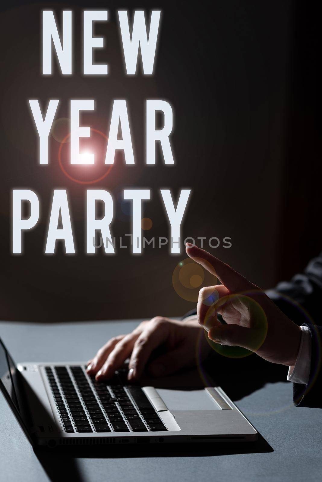 Text showing inspiration New Year Party. Business concept Celebration of the 365 days coming Happy cheerful time Businesswoman Presenting Important Message On Mobile Phone Screen On Desk. by nialowwa