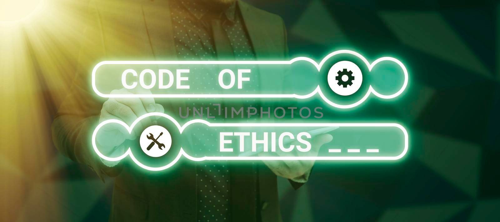 Text caption presenting Code Of Ethics. Business idea Moral Rules Ethical Integrity Honesty Good procedure Piece Of Paper On Floor With Important Information Written In. by nialowwa