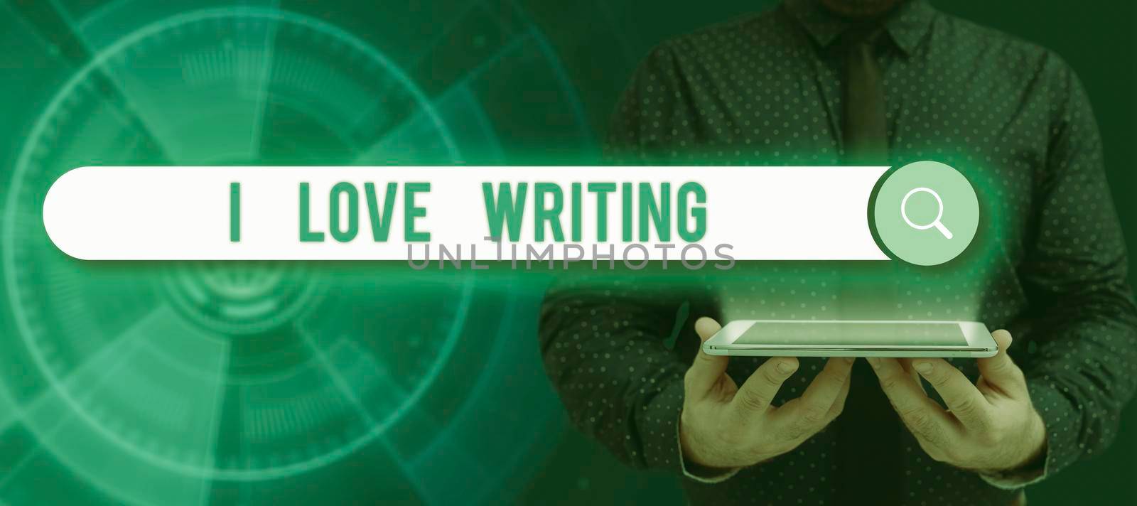 Conceptual display I Love Writing. Word Written on Affection for creating novels journals inspirational author Man With A Pad Pointing On A Light Bulb Sharing Tips And Concepts. by nialowwa