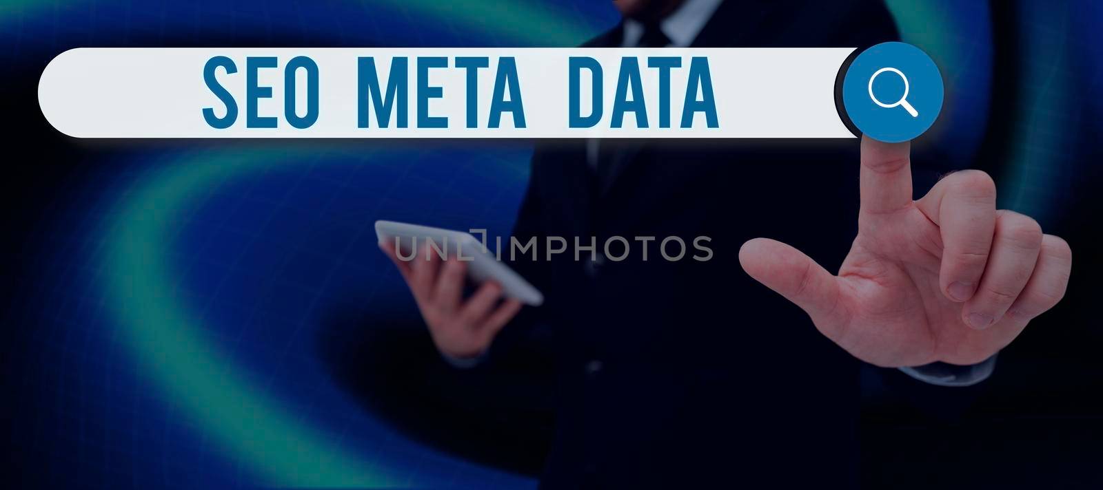 Writing displaying text Seo Meta Data. Word for Search Engine Optimization Online marketing strategy Businessman in suit holding open palm symbolizing successful teamwork. by nialowwa