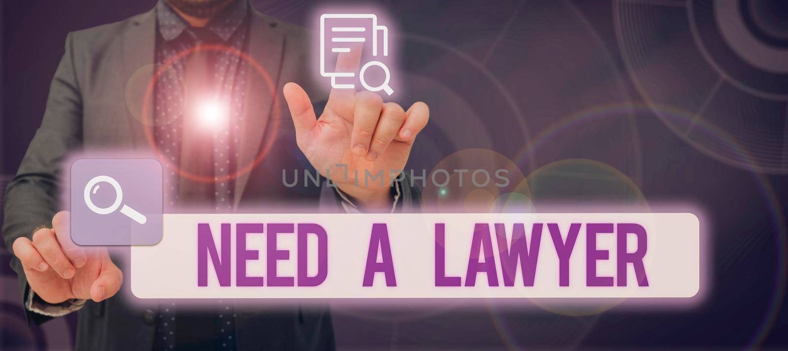 Conceptual display Need A Lawyer, Business concept Offering of legal advice Attorney consultancy advice Man With A Pen Pointing On Jigsaw And Working On Digital Information.