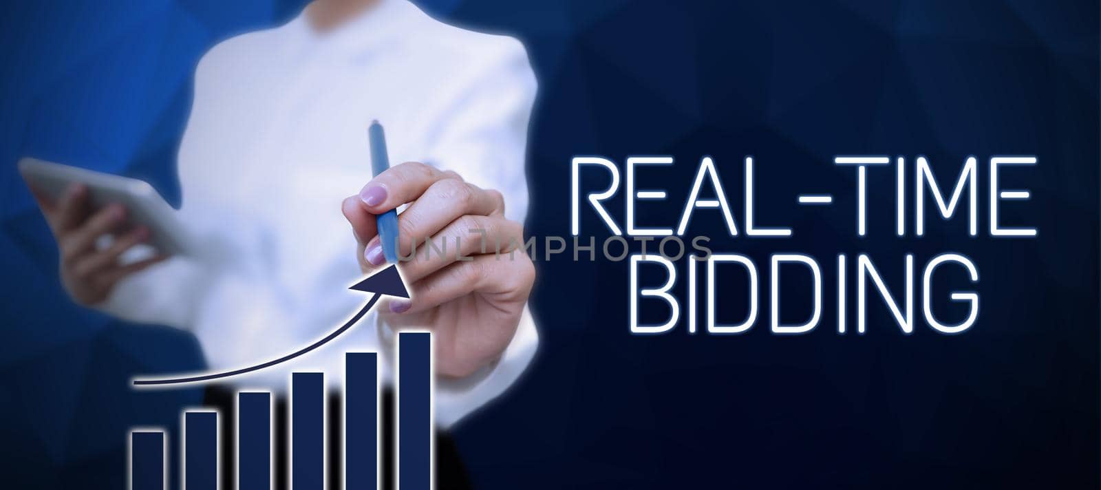 Inspiration showing sign Real Time Bidding. Business showcase Buy and sell advertising inventory by instant auctions Woman Holding Pen And Presenting Important Message On Speech Bubble. by nialowwa