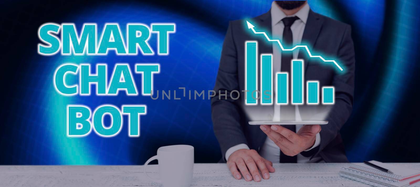 Inspiration showing sign Smart Chat Bot, Concept meaning Artificial intelligence chatting with machines robots Businessman Holding Tablet With Important Informations And Signs On Side.