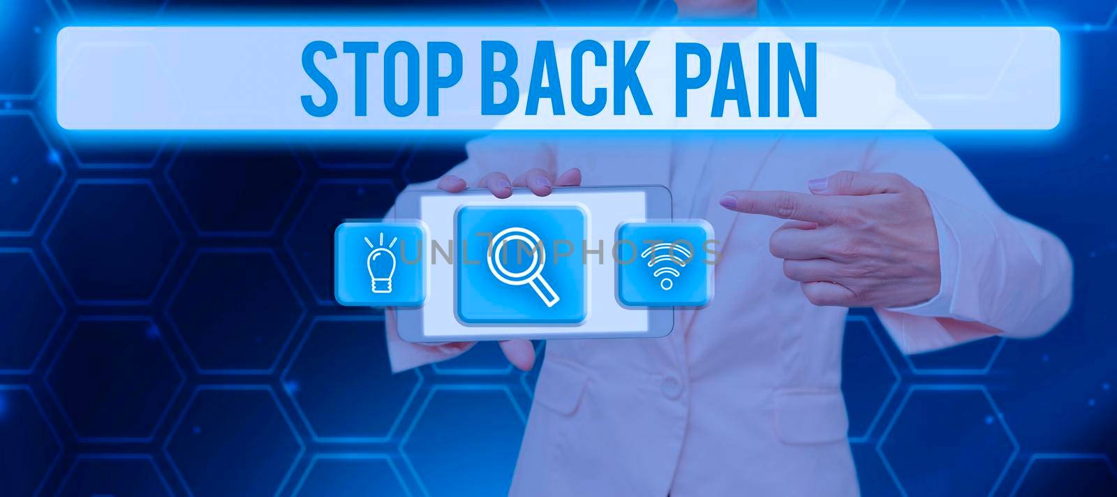 Text caption presenting Stop Back Pain. Business showcase Medical treatment for physical symptoms painful muscles Paper With Speech Bubble And Stationery Over Wood Presenting New Ideas. by nialowwa