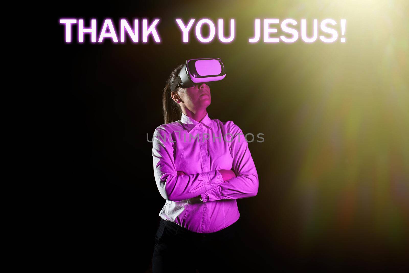 Handwriting text Thank You Jesus, Word for Being grateful for what the Lord has given you Religious Businesswoman Holding Speech Bubble With Important Messages.