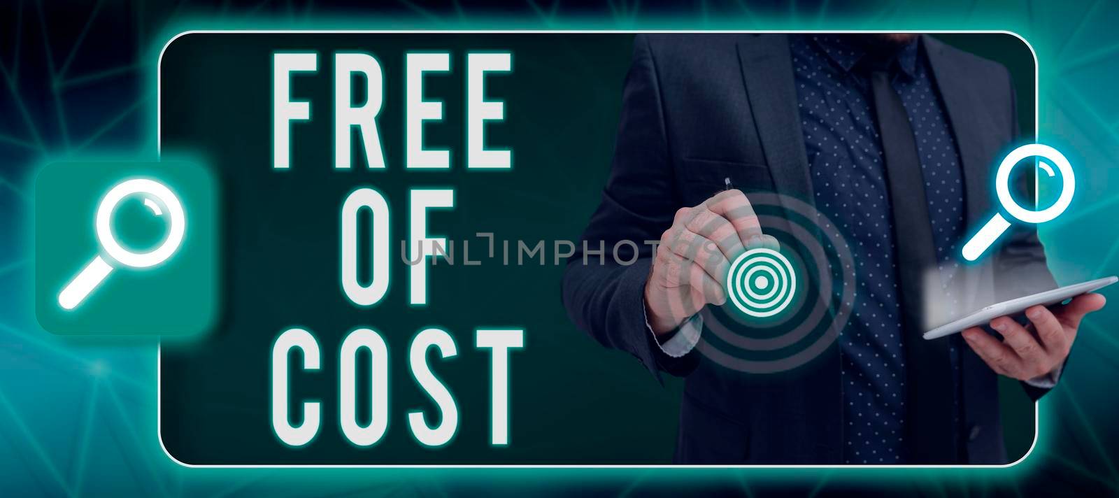 Text caption presenting Free Of Cost, Conceptual photo No price for a trial version or a sample given Promotion Businessman In A Necktie Showing A Slider Of A Digital Device.