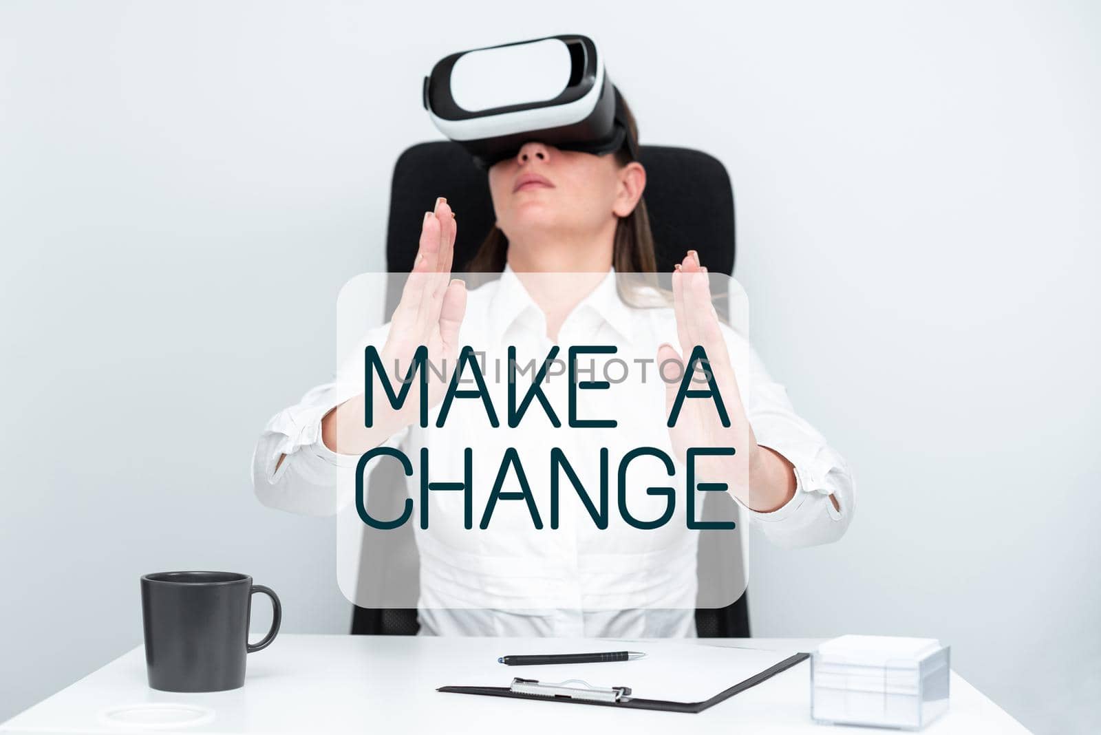 Text sign showing Make A Change. Internet Concept Try new thing Evolve Evolution Improvement Growth Mature Speech Bubble Sheet With Crumpled Papers, Magnifying Glass And Coffee Cup. by nialowwa