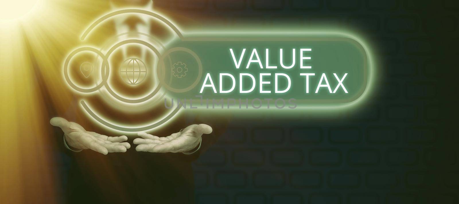 Text showing inspiration Value Added Tax, Business approach Amount of money added to cover production and distribution Man Pointing On Glowing Digital S And Receiving Crucial Information.