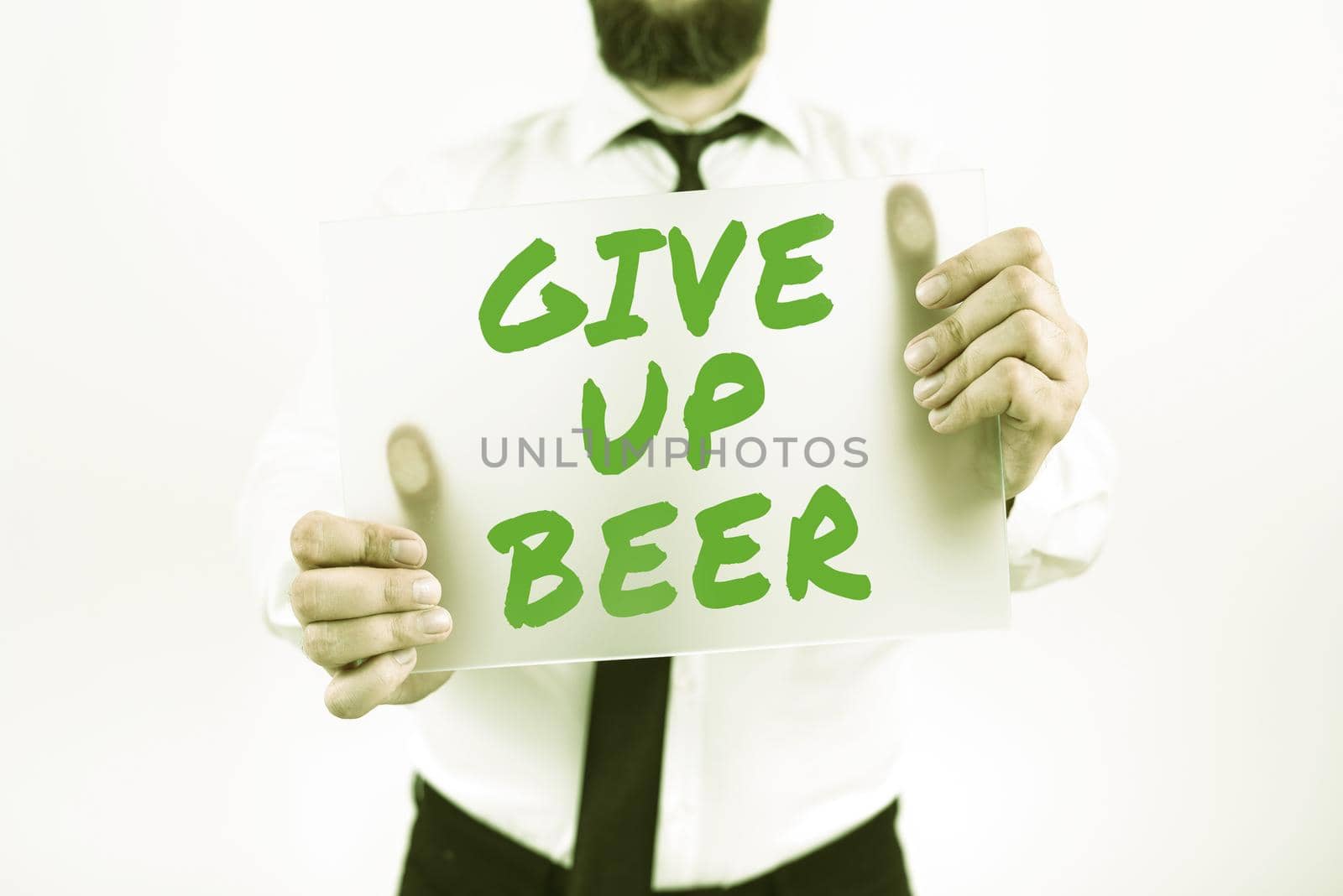 Conceptual display Give Up Beer, Business idea Stop drinking alcohol treatment for addiction healthy diet Woman Holding Light Bulb With Power Button Sign And Sharing New Ideas.