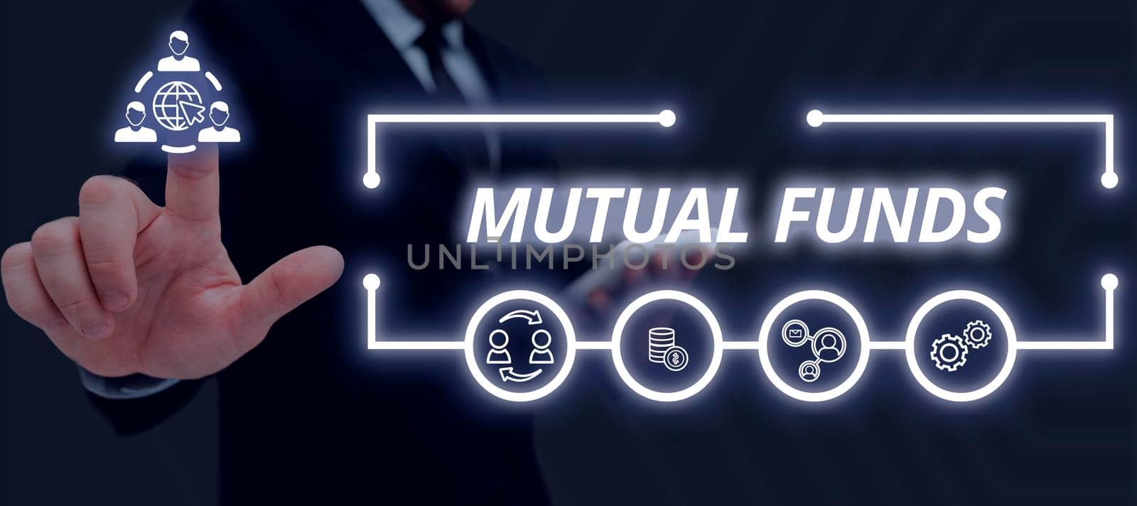 Handwriting text Mutual Funds. Business approach Investment Strategy to purchase shares with other investors Lady in suit holding pen symbolizing successful teamwork accomplishments. by nialowwa